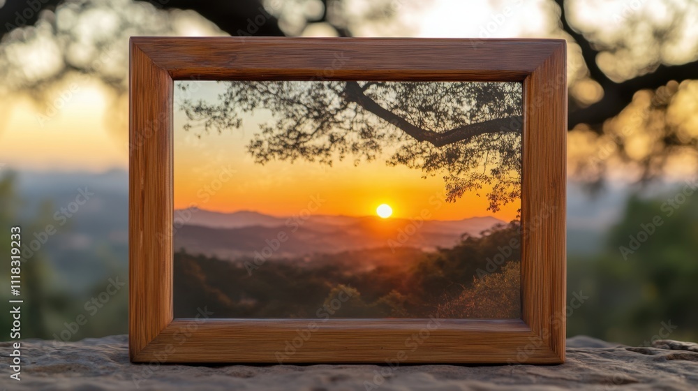 Scenic Sunset View through Wooden Picture Frame Outdoors Scenic Sunset View through Wooden Picture Frame Outdoors