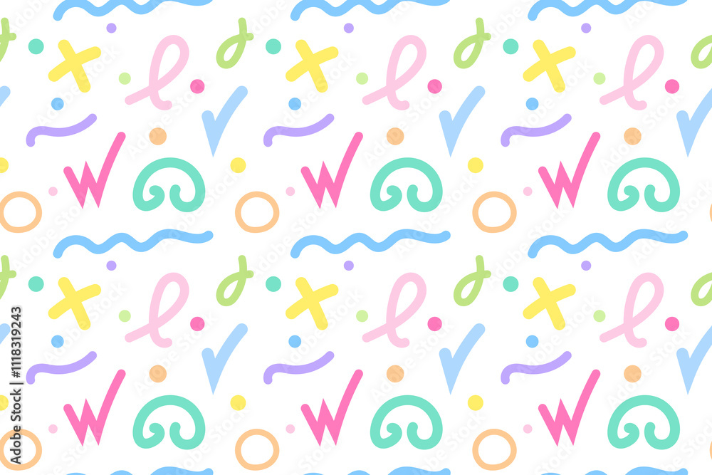 A seamless pattern with abstract colorful shapes and symbols on a white background. Perfect for creative designs. A seamless pattern with abstract colorful shapes and symbols on a white background. Perfect for creative designs.