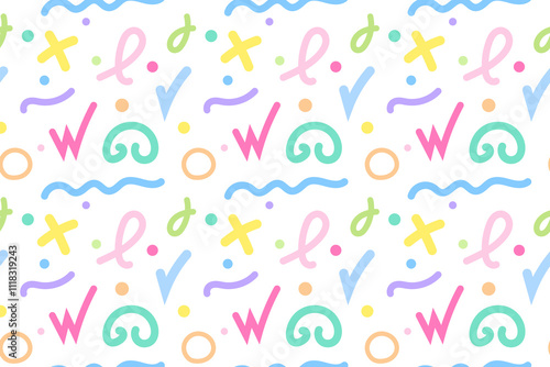 A seamless pattern with abstract colorful shapes and symbols on a white background. Perfect for creative designs.