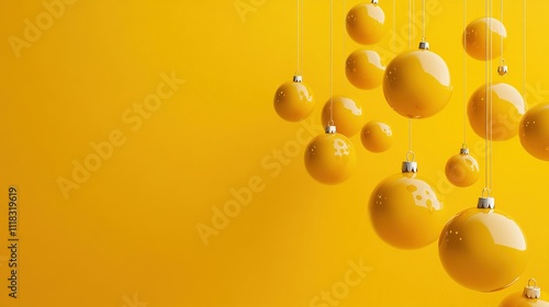 Beautiful yellow Christmas balls banner with copy space for holiday greetings and festive decorations