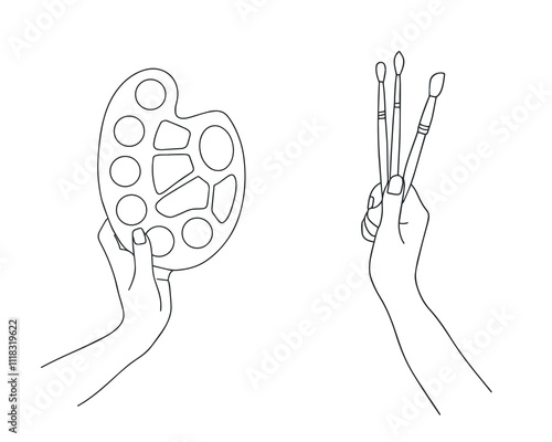 Hands of an artist holding brushes and palette. Artist tools drawn by line isolated on white background. International Artist Day. Vector illustration