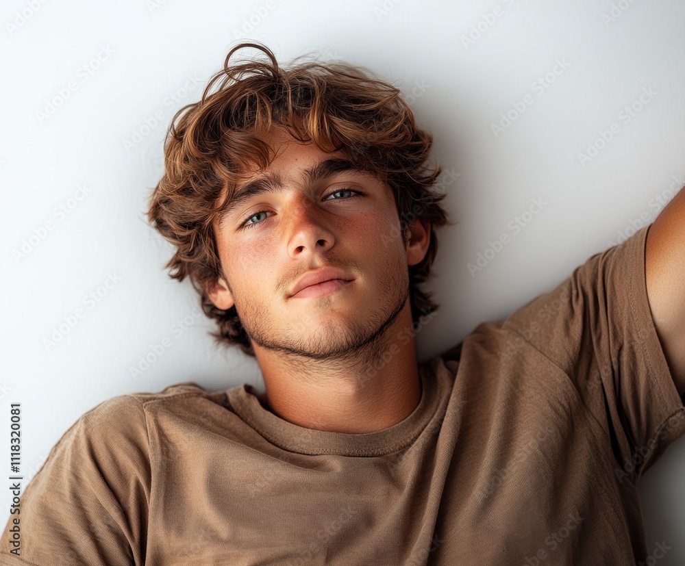 A young man with brown hair and a tan shirt is laying on a white surface. Generative AI A young man with brown hair and a tan shirt is laying on a white surface. Generative AI