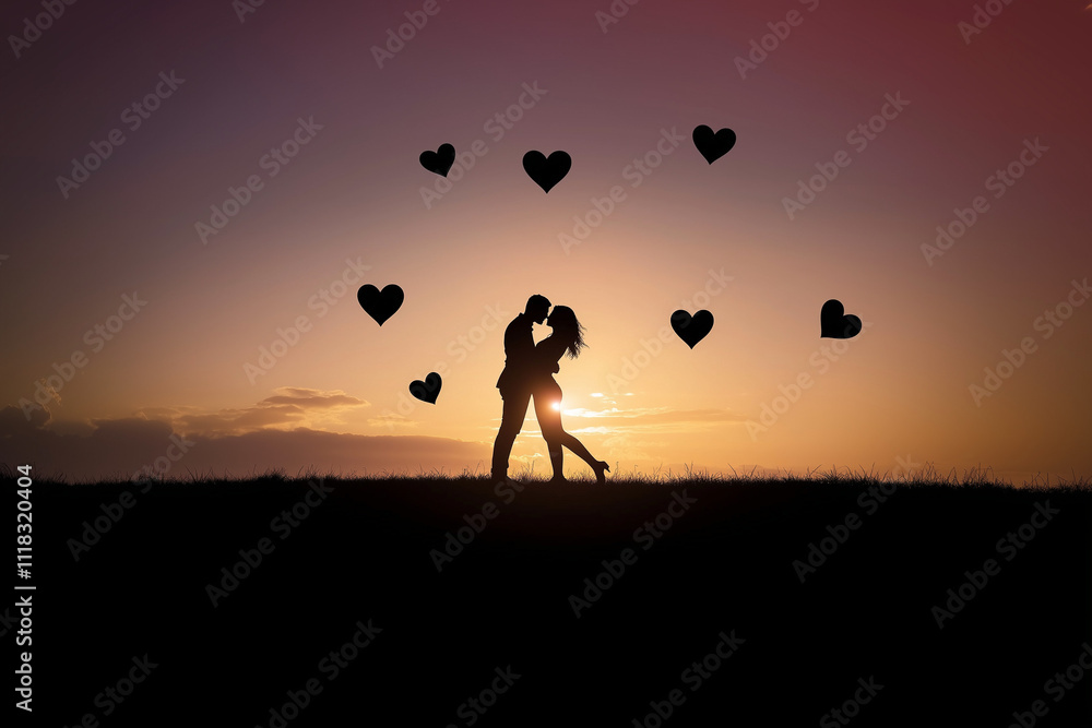 Silhouette of a couple hugging and kissing against a sunset background, with a heart-shaped silhouette, a romantic concept. Silhouette of a couple hugging and kissing against a sunset background, with a heart-shaped silhouette, a romantic concept.