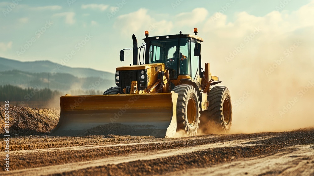 Grader moving earth on construction site. Grader moving earth on construction site.