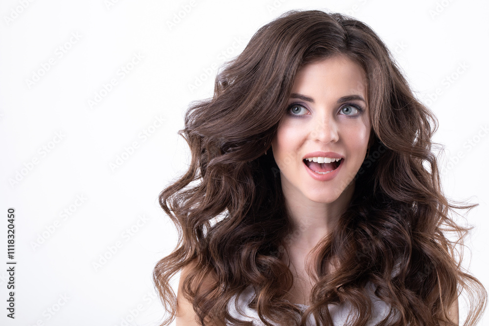 Portrait of a beautiful emotional delighted woman close-up in a studio on a white Portrait of a beautiful emotional delighted woman close-up in a studio on a white