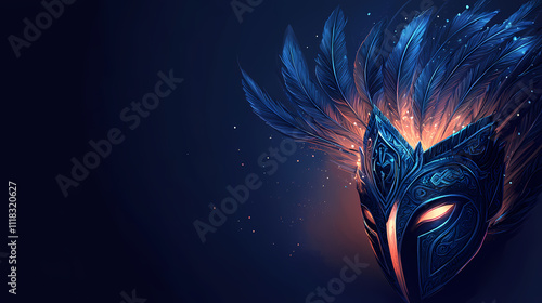 Enchanted helmet with a plume made of ethereal feathers, embellished with runes that glow softly, solid color background. Runes. Illustration photo