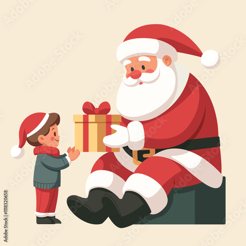 illustration of Santa Claus character giving a gift box to a child, merry Christmas
