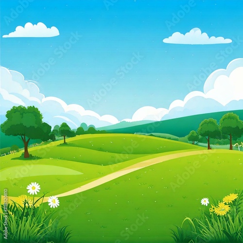 Green field or park with beautiful scenery landscape, suitable for kid background, cover, flyer with cartoon style