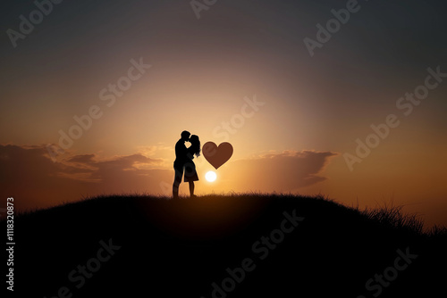 Silhouette of a couple hugging and kissing against a sunset background, with a heart-shaped silhouette, a romantic concept.