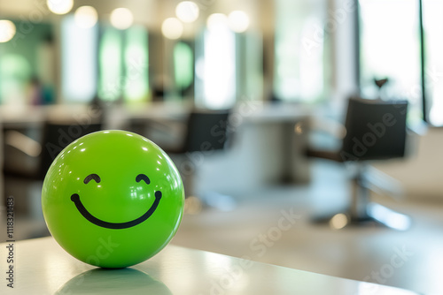 Happy green smiling ball in hairdresser salon interior, customer service evaluation, customer satisfaction good level and satisfaction survey concepts