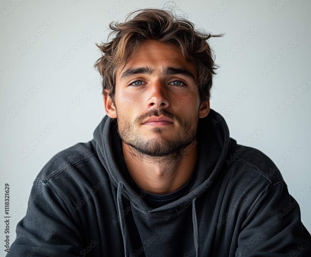A man with a beard and blue eyes is wearing a black hoodie. Generative AI A man with a beard and blue eyes is wearing a black hoodie. Generative AI