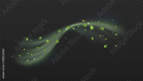Wind with leaves. Fresh air and airflow, steam. Aroma and fragnance, cologne. Motion and spiral effects. Leaf and foliage. Realistic vector illustration