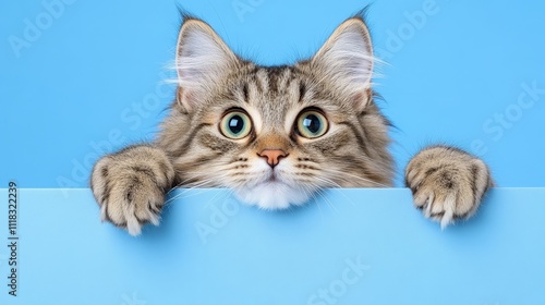 Curious Cat Peek: A fluffy Maine Coon kitten playfully peeks over a light blue background, its big, expressive eyes captivating the viewer.  The image is perfect for pet-related projects, websites. photo