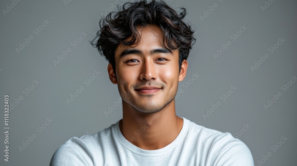 Fototapeta premium A man with a white shirt and dark hair is smiling. Generative AI