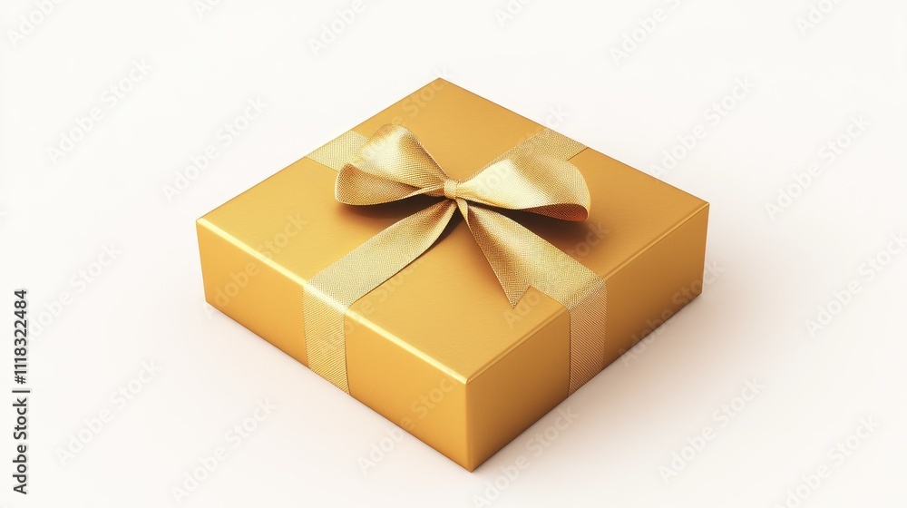 3D rendering of a golden gift box with a ribbon, isolated on a white background