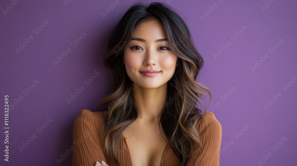 A woman with long brown hair and a brown shirt is smiling at the camera. Generative AI A woman with long brown hair and a brown shirt is smiling at the camera. Generative AI