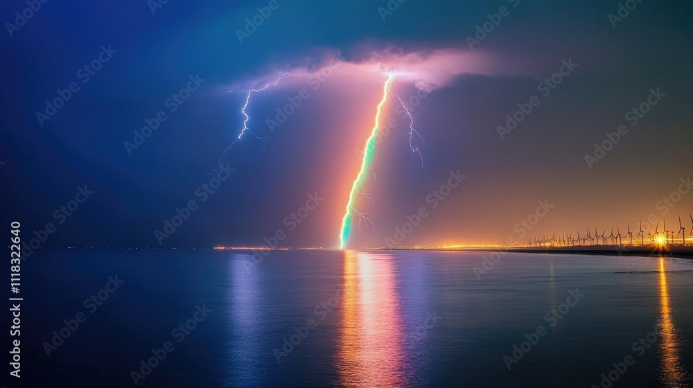 Rainbow Lightning Strike Over Coastal Wind Turbines Rainbow Lightning Strike Over Coastal Wind Turbines