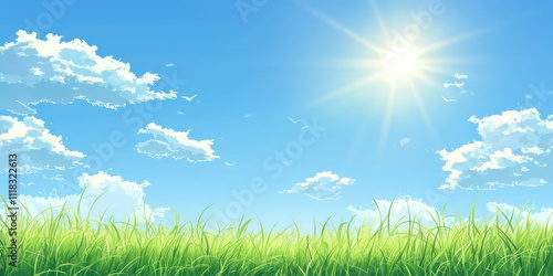 A bright, sunny background with a clear blue sky, gentle clouds, and green grass fields, capturing the warmth and freshness of summer.