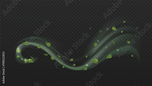 Wind with leaves. Fresh air and airflow, steam. Aroma and fragnance, cologne, freshness. Tea and mint. Leaf and foliage. Realistic vector illustration