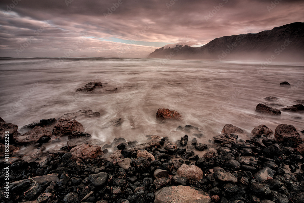 Εκτύπωση καμβά Sunrise on the  beach of Famara, Lanzarote, canary islands