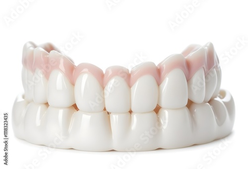 A close-up view of a set of dentures made of ceramic