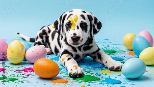 Dalmatian puppy playing with colorful easter eggs and paint photo