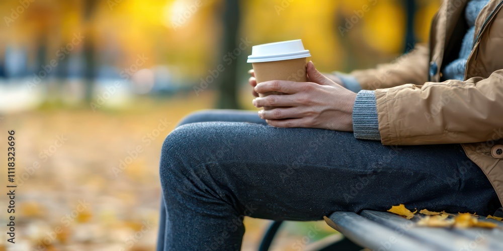 A businessperson holding a coffee cup while sitting on a bench outside, with a sense of relaxation. A businessperson holding a coffee cup while sitting on a bench outside, with a sense of relaxation.