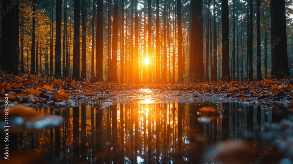 Obraz premium Golden sunlight streams through autumn forest, reflected in a puddle.