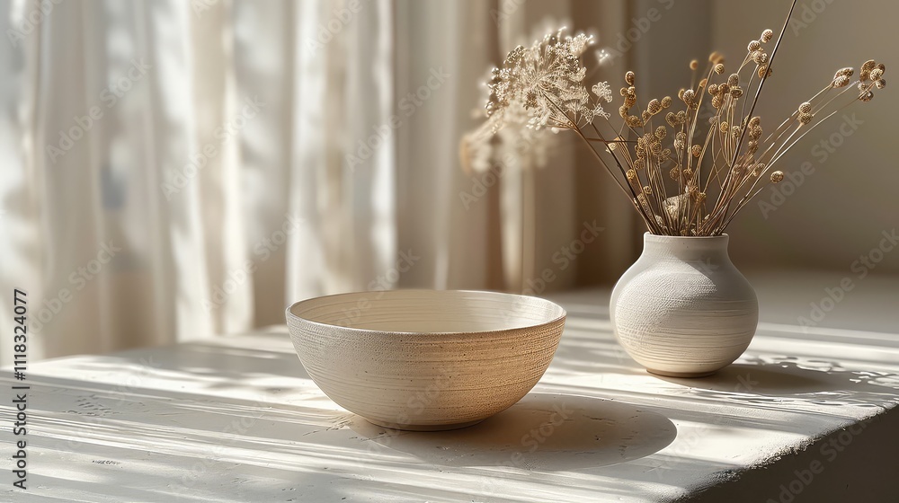 Sunlit Ceramic Bowl, Vase, Dried Flowers, Minimalist Still Life Sunlit Ceramic Bowl, Vase, Dried Flowers, Minimalist Still Life