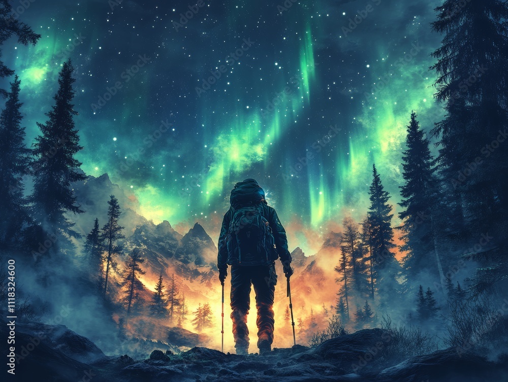 A travel poster featuring a Scandinavian nature adventure, with a hiker walking through pine forests under the Northern Lights A travel poster featuring a Scandinavian nature adventure, with a hiker walking through pine forests under the Northern Lights