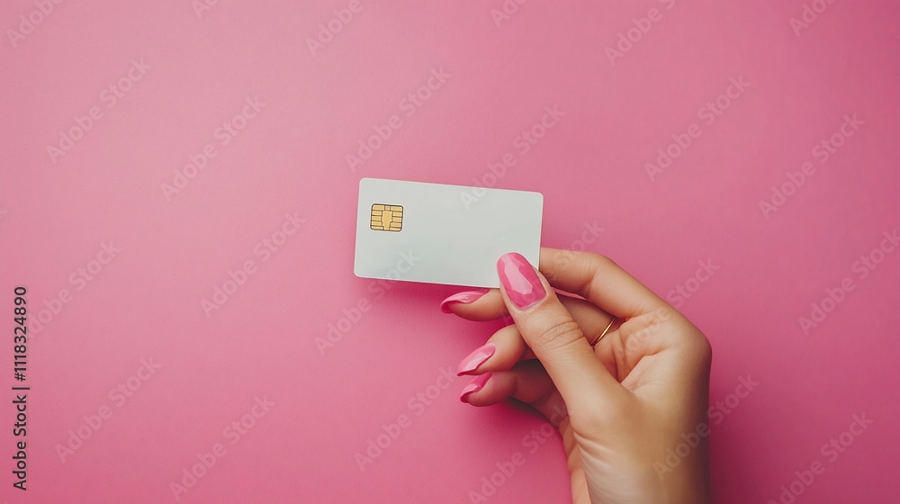 Woman's hand holding blank white credit card on pink background. Woman's hand holding blank white credit card on pink background.