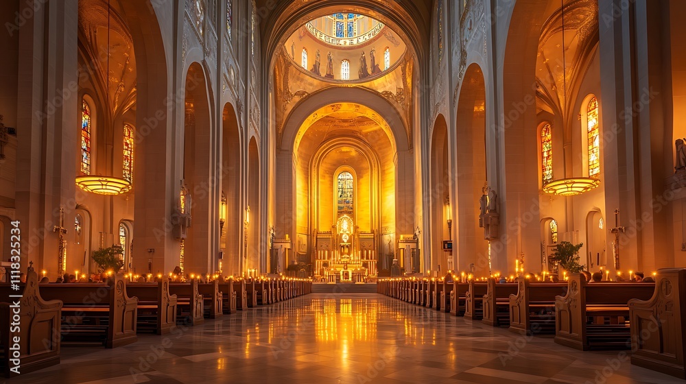 Majestic cathedral interior, illuminated with warm light, showcasing rows of lit candles and ornate architecture. Majestic cathedral interior, illuminated with warm light, showcasing rows of lit candles and ornate architecture.