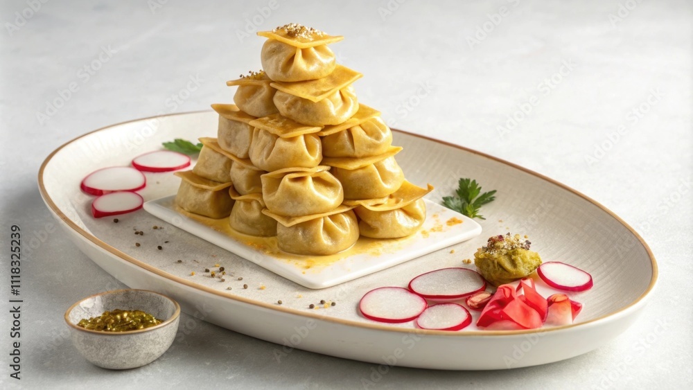 An oval plate elegantly displays a pyramid stack of dumplings that resemble piles of gold ingots. Each dumpling glistens with a polished sheen and a few slices of fresh radish are An oval plate elegantly displays a pyramid stack of dumplings that resemble piles of gold ingots. Each dumpling glistens with a polished sheen and a few slices of fresh radish are