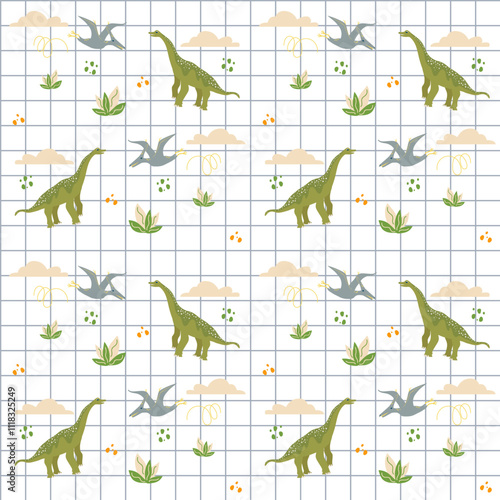 Vector seamless plaid pattern with cute dino, dinosaur Brachiosaurus and flying Pterodactyl with clouds and bushes, abstract children background
