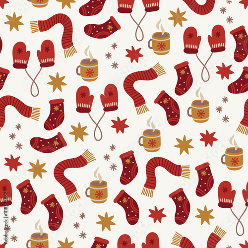 Christmas seamless pattern with scarfs, stars, socks, mittens and cup of tea on white background. Perfect for wallpaper, gift paper, winter greeting cards. Vector illustration