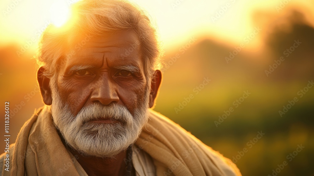 Elderly Man in Sunset Light with Thoughtful Expression Elderly Man in Sunset Light with Thoughtful Expression