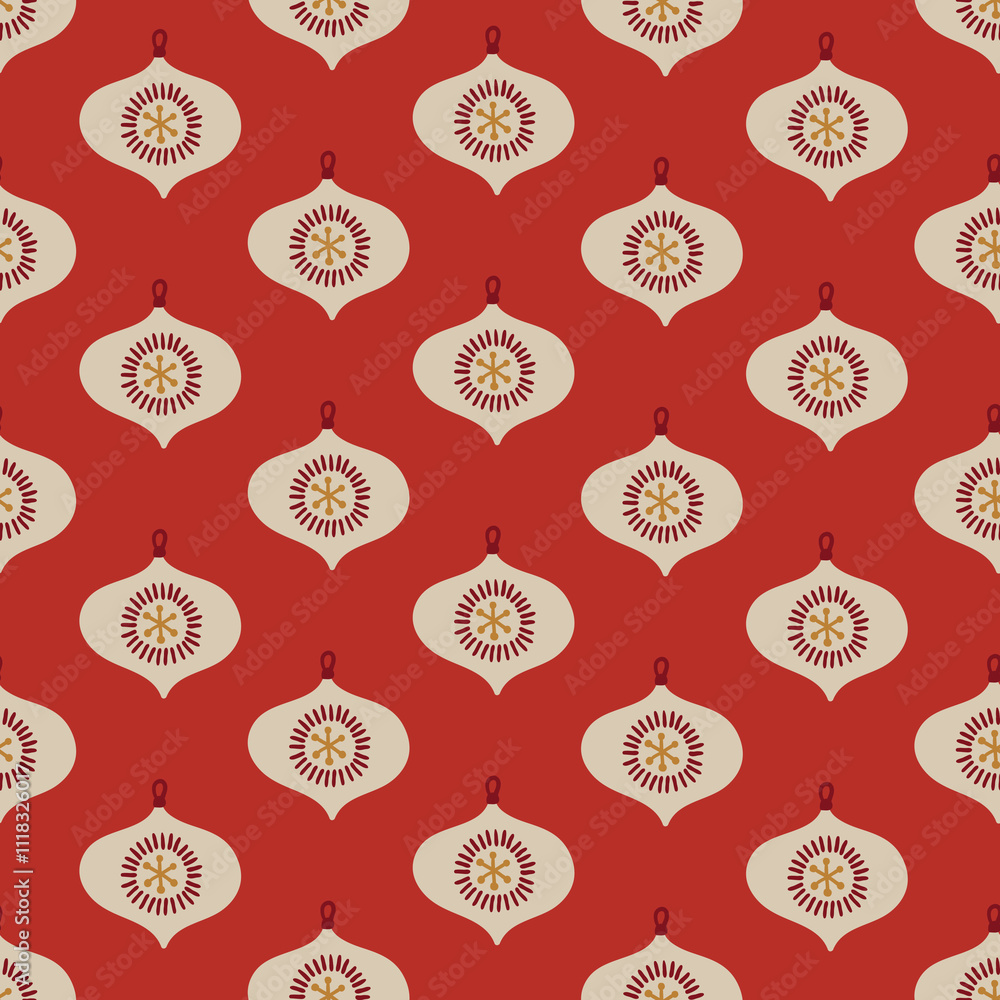 Christmas seamless pattern with baubles on red background. Perfect for wallpaper, gift paper, winter greeting cards. Vector illustration