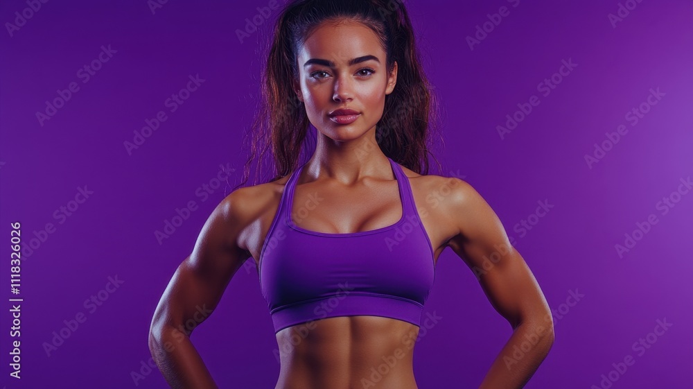 Obraz premium Confident female athlete displaying her strength and fitness woman sport with raised arms against a vibrant purple background