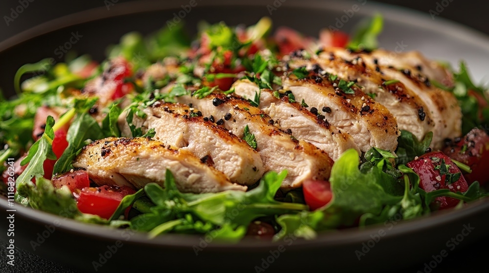 Grilled chicken breast salad with mixed greens and cherry tomatoes. Grilled chicken breast salad with mixed greens and cherry tomatoes.