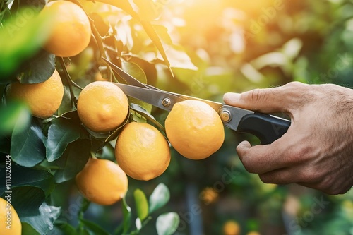 Fresh Citrus Harvest: Close-Up of Hand with Pruning Shears Cutting Ripe Lemons from Tree Branch in Sunny Orchard during Harvest Season