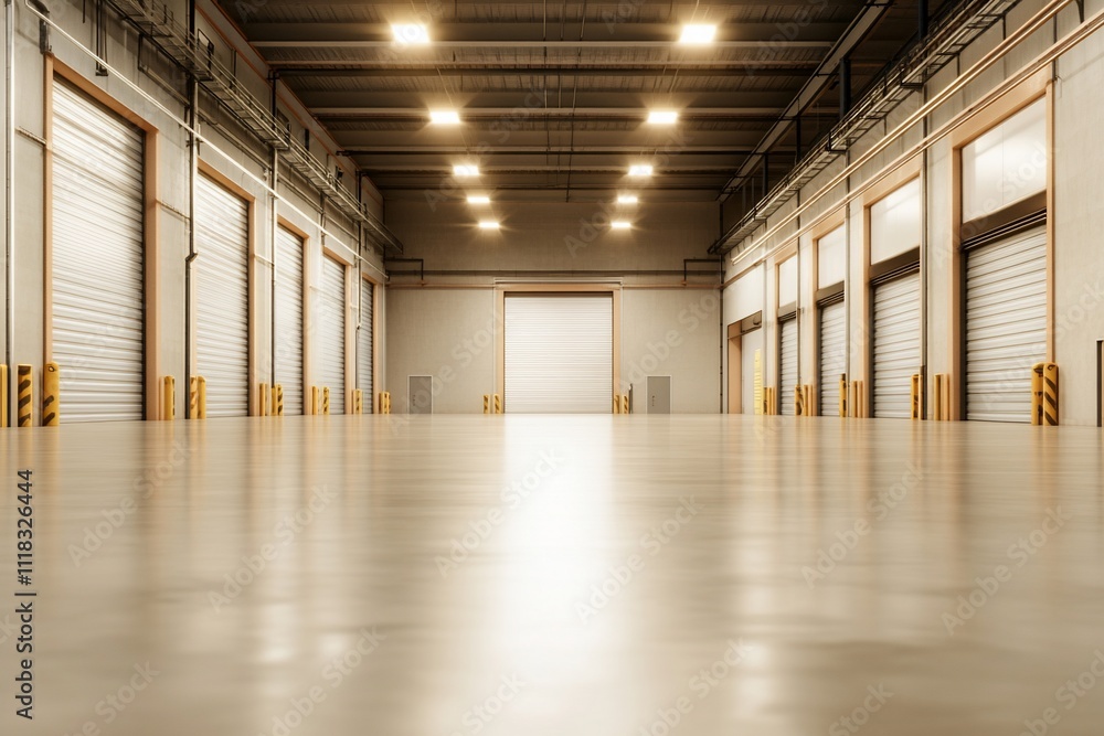 Spacious industrial warehouse with large roll-up doors and polished floor. Spacious industrial warehouse with large roll-up doors and polished floor.