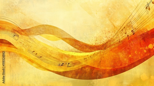 Abstract Yellow Background Inspired by Music, Featuring Flowing Waves and Musical Notes, Perfect for Creative Projects and Digital Artwork