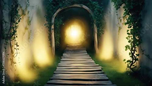 A weathered, rustic wooden path, lined with lush greenery and vines, winds its way through a misty, ethereal tunnel, illuminated by a radiant, warm light that grows brighter with each step, casting an