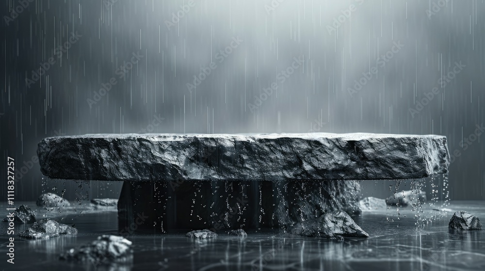 Fototapeta premium Dark stone platform in rain, wet surface, empty space.