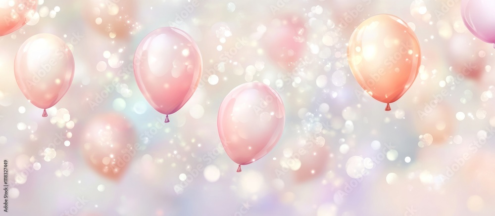 Pastel pink balloons float on a bokeh background. Pastel pink balloons float on a bokeh background.