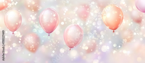 Pastel pink balloons float on a bokeh background.