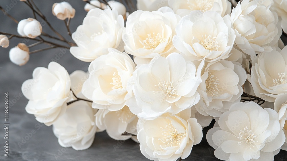 A cluster of white flowers resting atop a gray countertop alongside a vase adorned with white blossoms A cluster of white flowers resting atop a gray countertop alongside a vase adorned with white blossoms