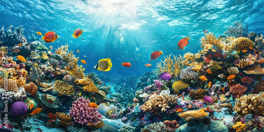 Fototapeta premium A captivating underwater scene featuring colorful fish swimming among coral reefs, showcasing marine life.
