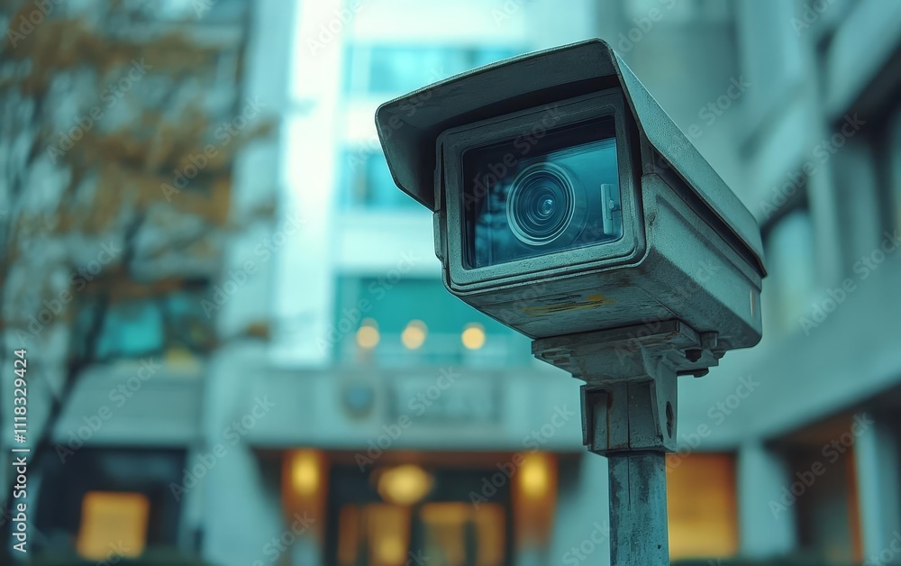 A weathered security camera is mounted on a pole, positioned in front of a modern building with blurred architectural features in the background. A weathered security camera is mounted on a pole, positioned in front of a modern building with blurred architectural features in the background.