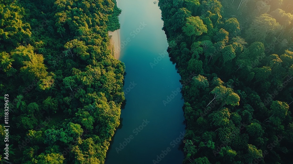 Aerial View of Lush Green Amazon Rainforest and River Serenity Aerial View of Lush Green Amazon Rainforest and River Serenity